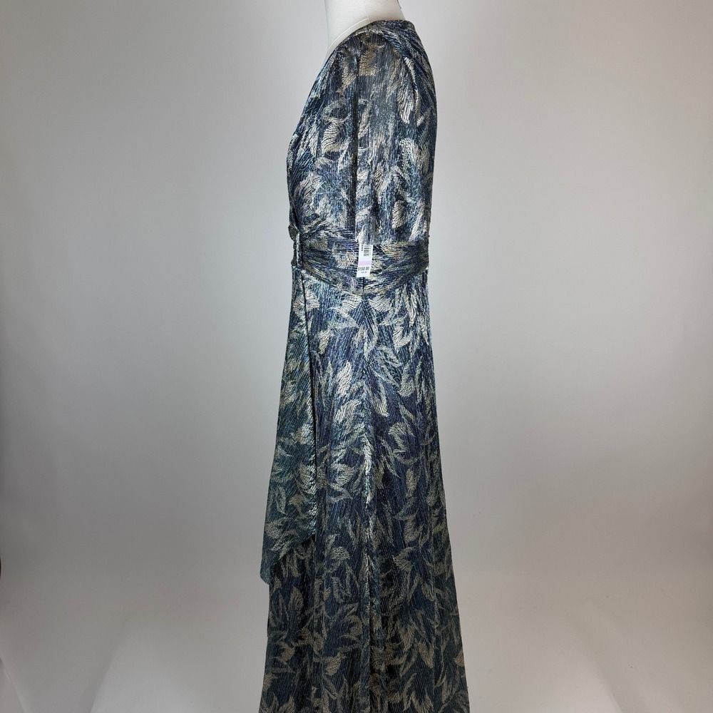 NWT R&M Richards Blue Gold Leaf Metallic Pleated Flutter Sleeve Dress Gown Sz 6 - Picture 8 of 14